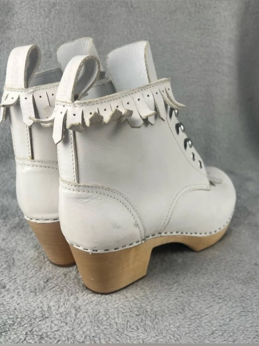 SWEDISH HASBEENS Wood Clog White Leather Kiltie Lace Up Booties 40 - Picture 11 of 16